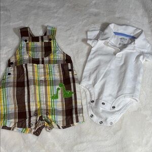 Just One You (Carter’s) boys’ size 3 mos shirt & bib overall shorts/dino theme